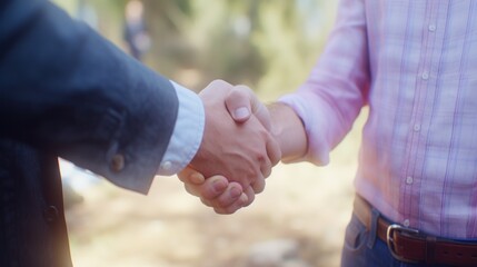 Two businessmen shaking hands outside
