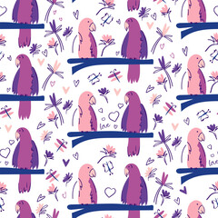 Pattern design with cute couple birds on branch , flowers , leaves and butterfly on white background. Color palette - violet, pink. Flat scandi style, hand drawn.