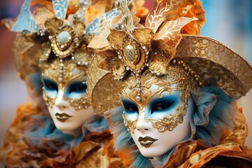 Close-up photo of a two people wearing colourful venetian masks in Venice, Italy - Created with Generative AI technology