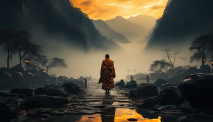 back view of monk walking in a mountain with amid mist - Powered by Adobe