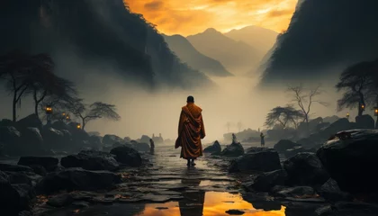Fotobehang back view of monk walking in a mountain with amid mist © Ankit