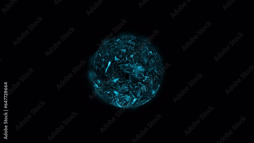 Poster abstract loop blue plasma energy planet sphere on black background. 4k 3d rendering seamless loop an