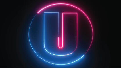 Neon Letter U with neon circle, Neon alphabet U glowing in the dark, pink blue neon light, Shine text U, the best digital symbol, 3d render, Education concept.