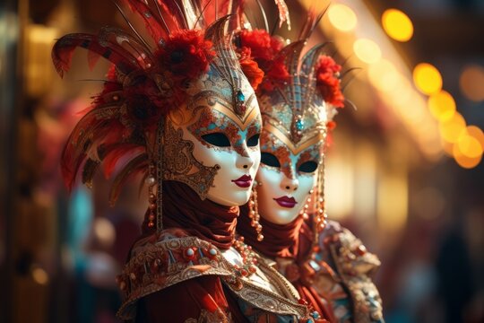Close-up photo of a two people wearing colourful venetian masks in Venice, Italy - Created with Generative AI technology