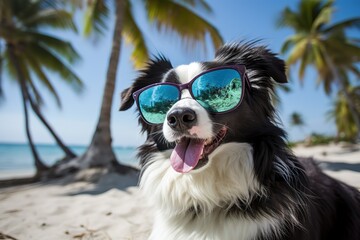 Dog in sunglasses on the beach.