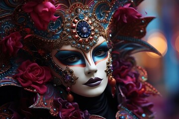 Close-up photo of a person wearing a colourful venetian mask in Venice, Italy - Created with Generative AI technology