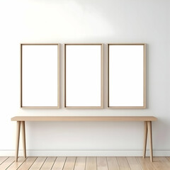 Three photo blank picture frames on parquet floor white wall. Minimalism. High resolution