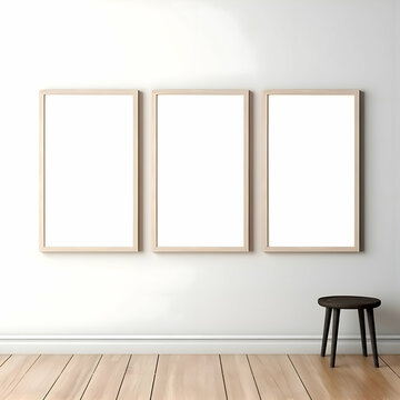 Three photo blank picture frames on parquet floor white wall. Minimalism. High resolution