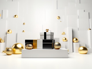 Fototapeta na wymiar product displays,podium stage with gift present concepts.luxury gold and white color.celebration festival card background.minimal design