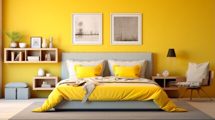 Yellow Bedroom Interior with White and Yellow Pillows. Modern Design in a Luxury House for Comfortable Living