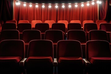 Red Theatre Seats Illuminated with Spotlights. Building Interior with Follow Spot on Stage for Cinema, Concert, or Theatre