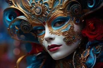 Poster Close-up photo of a person wearing a colourful venetian mask in Venice, Italy - Created with Generative AI technology © AI Visual Vault
