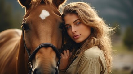 Hugging Horse: Beautiful Young Woman Embracing her Equine Companion in Nature - A Lovely Display of Love and Affection