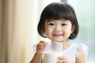 Adorable Asian Baby Girl Drinking Milk on Background. Beautiful Image of Cheerful Chinese Child Enjoying her Childhood