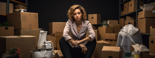 Dismissed woman sits among cardboard boxes of her belongings. Depressed woman in the process of moving. - obrazy, fototapety, plakaty