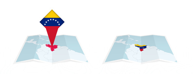 Two versions of an Venezuela folded map, one with a pinned country flag and one with a flag in the map contour. Template for both print and online design.
