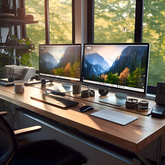 Working place table two monitor. High quality