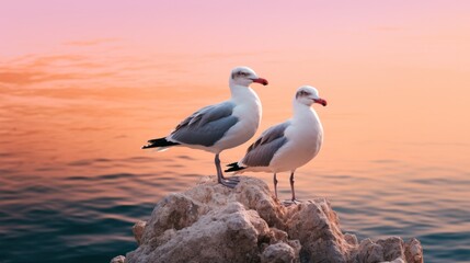 Seagulls standing on a rock in front of a pink sky.