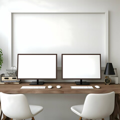 Working place table two monitor with blank frame High resolution