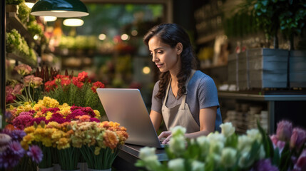 Portrait of woman entrepreneur sitting in own flower shop, working on laptop.
