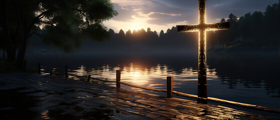 A wooden pier on the river, forest is a background - obrazy, fototapety, plakaty