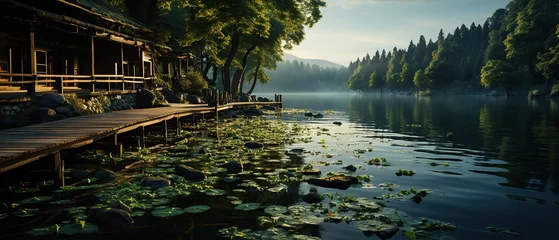 Foto op Canvas A wooden pier on the river, forest is a background © Santy Hong