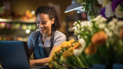 Portrait of woman entrepreneur sitting in own flower shop, working on laptop.