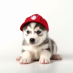 cute baby husky wearing mini red cap on white background