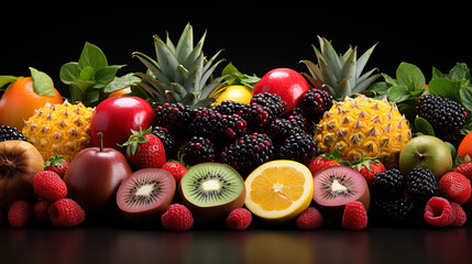 Tropical fruits - passion fruit, pineapple, dragon fruit, kiwi and cactus on a black background.
