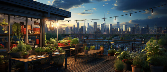 Urban farm on a roof poster with copy space. - obrazy, fototapety, plakaty