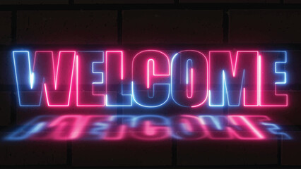 Bright neon text welcome web banner. Neon sign welcome on on brick wall background