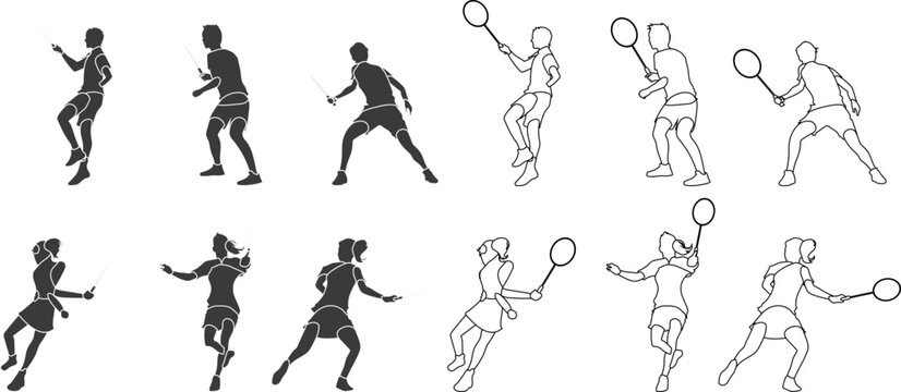silhouettes of people player badminton