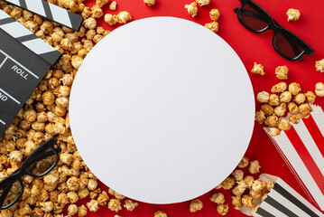 Film Fanatics' Paradise: Top view of popcorn, 3D glasses, and a clapperboard on red, the perfect combination for a movie night with friends