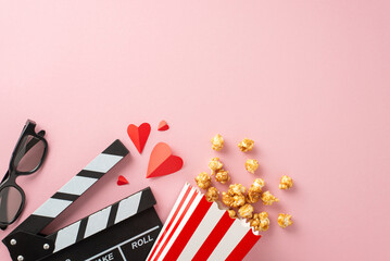Enjoy a romantic movie date night with caramel popcorn, 3D glasses, paper hearts, and a clapperboard on a pretty pastel pink background - obrazy, fototapety, plakaty