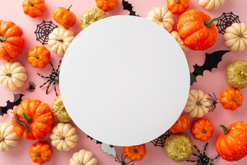 Hip Halloween arrangement. Top-view snapshot of themed decor: mini fashionable pumpkins, spooky spiders, centipede, spiderweb, bats on pale pink backdrop. Empty circle perfect for messages or ads