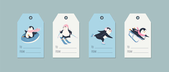 Minimalistic Christmas labels or tags for gifts with funny penguins. Vector printable stickers design to tag presents for Christmas and New Year holidays.