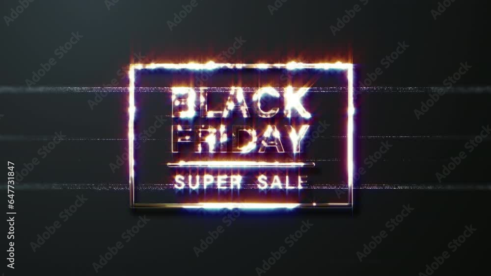 Poster black friday super sale text word gold light animation loop with glitch text cinematic title effect 
