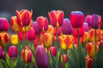 Fototapeta premium Tulip garden, beautiful colorful flowers in the morning