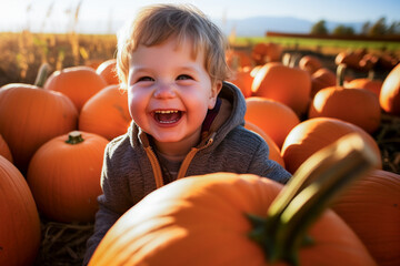 Fototapeta na wymiar Boy collecting pumpkins in a pumpkin plantation to create Jack-o'-lantern for Halloween. 