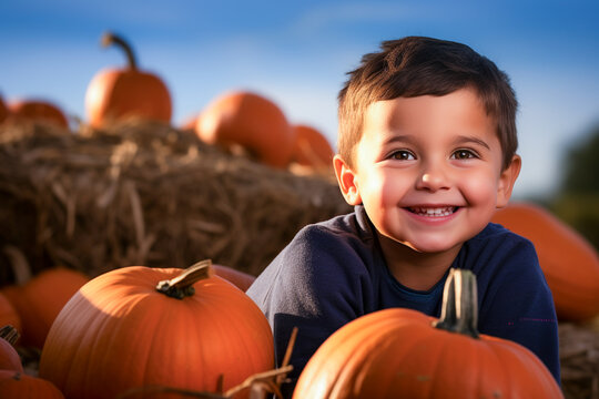 Boy collecting pumpkins in a pumpkin plantation to create Jack-o'-lantern for Halloween.

