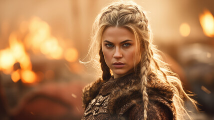 A fierce beautiful female viking warrior, shield maiden, ready for battle. Generated with AI. - obrazy, fototapety, plakaty