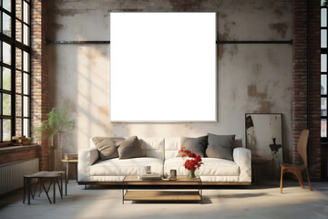Industrial Fusion: Empty Rectangular Frame Mockup in Bright Loft Space