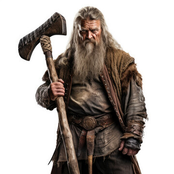 A serious old viking warrior with an axe, ready for battle. On a white background. Generated with AI