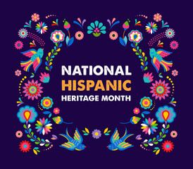 Hispanic heritage month. Vector web banner, poster, card for social media, networks. Greeting with national Hispanic heritage month text, flowers on floral pattern background