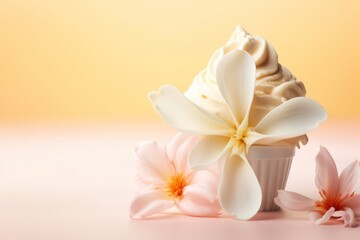 Obraz na płótnie Canvas a delicious vanilla ice cream with flowers with bright background