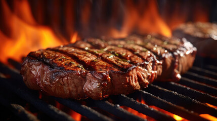 Beef, ribeye steak barbecue on the grill. Generative Ai