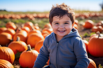 Fototapeta premium Boy collecting pumpkins in a pumpkin plantation to create Jack-o'-lantern for Halloween. 