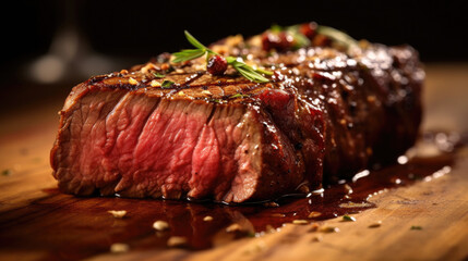 Fototapeta Piece of Grilled medium rare steak with spices on wooden board. Generative Ai obraz