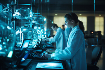 Female and Male Scientists Working on their Computers In Big Modern Laboratory