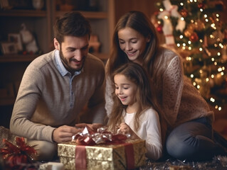 happy family celebrating christmas gifts new year